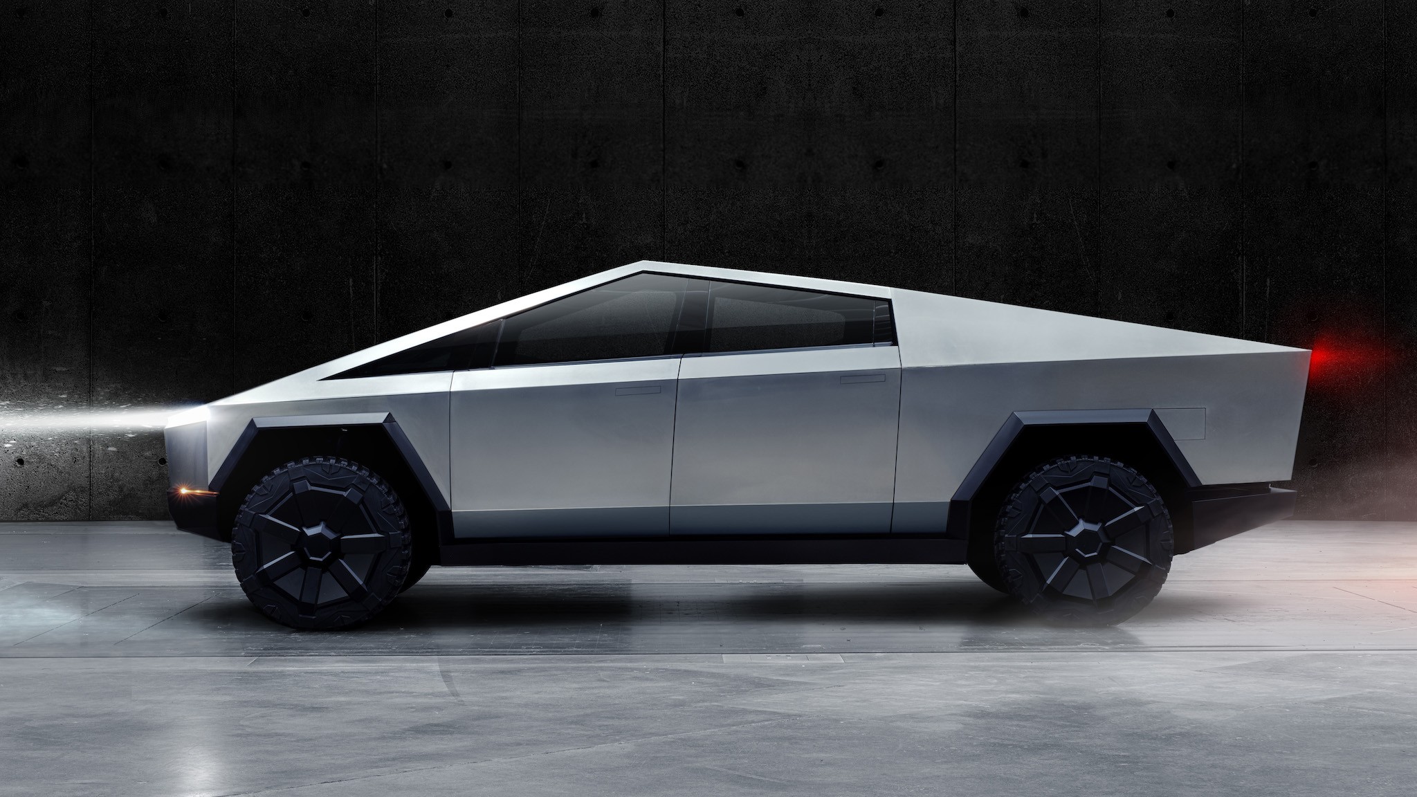 Tesla Cybertruck Electric Pickup Truck Profile View in Hanger