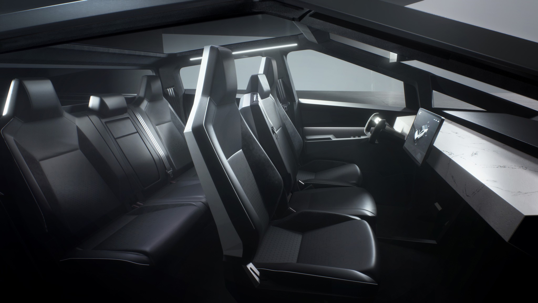 Tesla Cybertruck Electric Pickup Truck Interior Front and Rear Seats