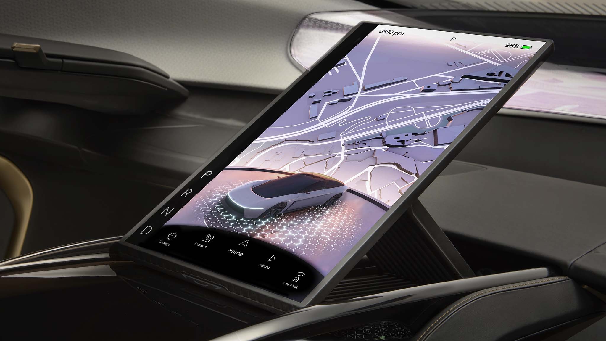 The stowable 15.6 inch console screen of the Chrysler Halcyon Co