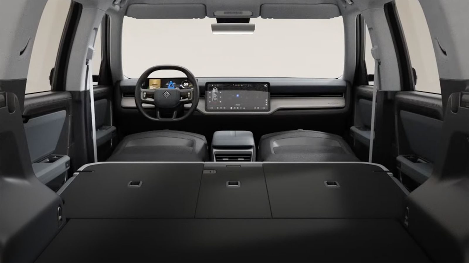 Rivian R2 EV interior seats folded flat