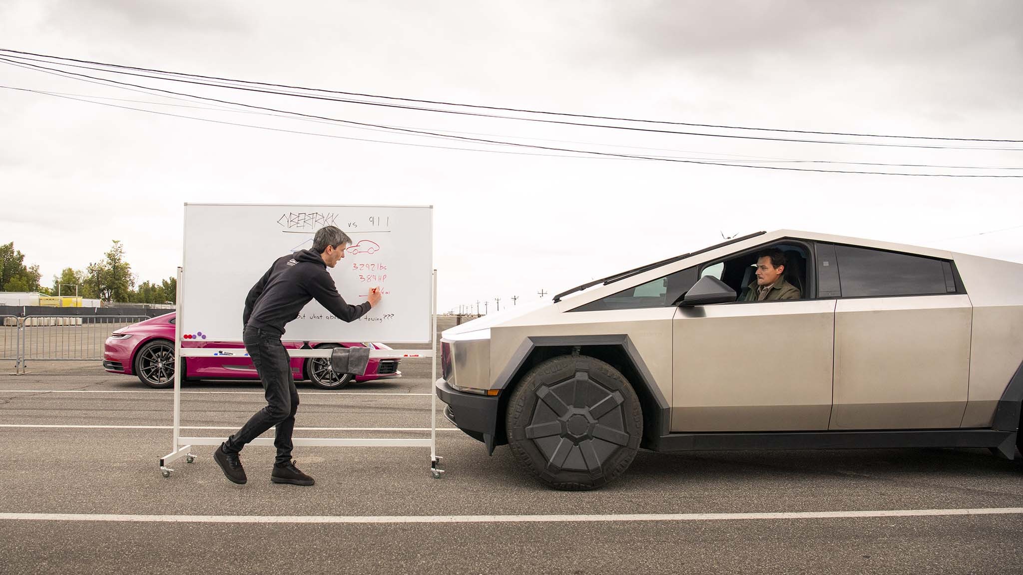 004 tesla cybertruck beast vs porsche 911 carrera t drag race towing rematch