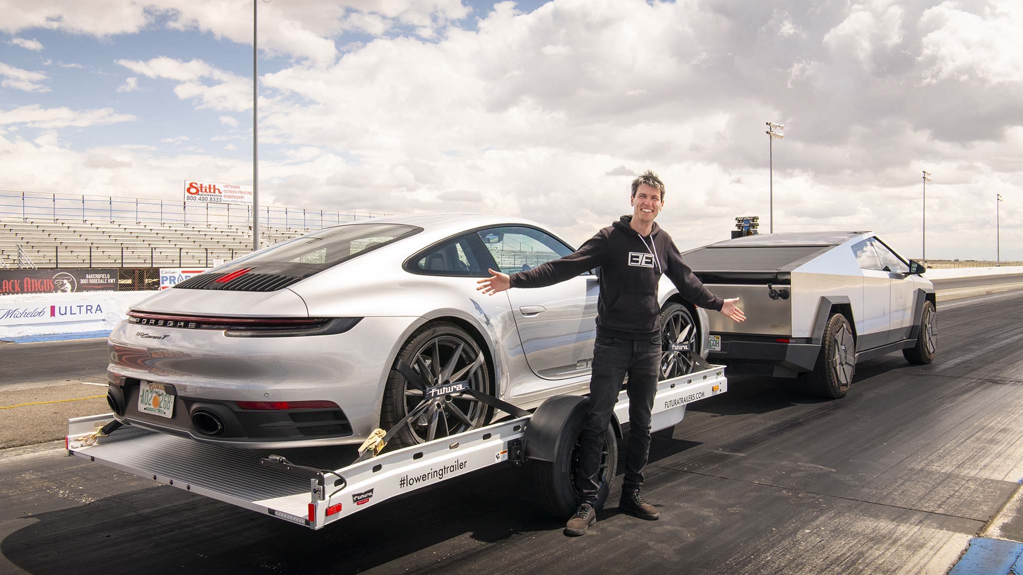 019 tesla cybertruck beast vs porsche 911 carrera t drag race towing rematch