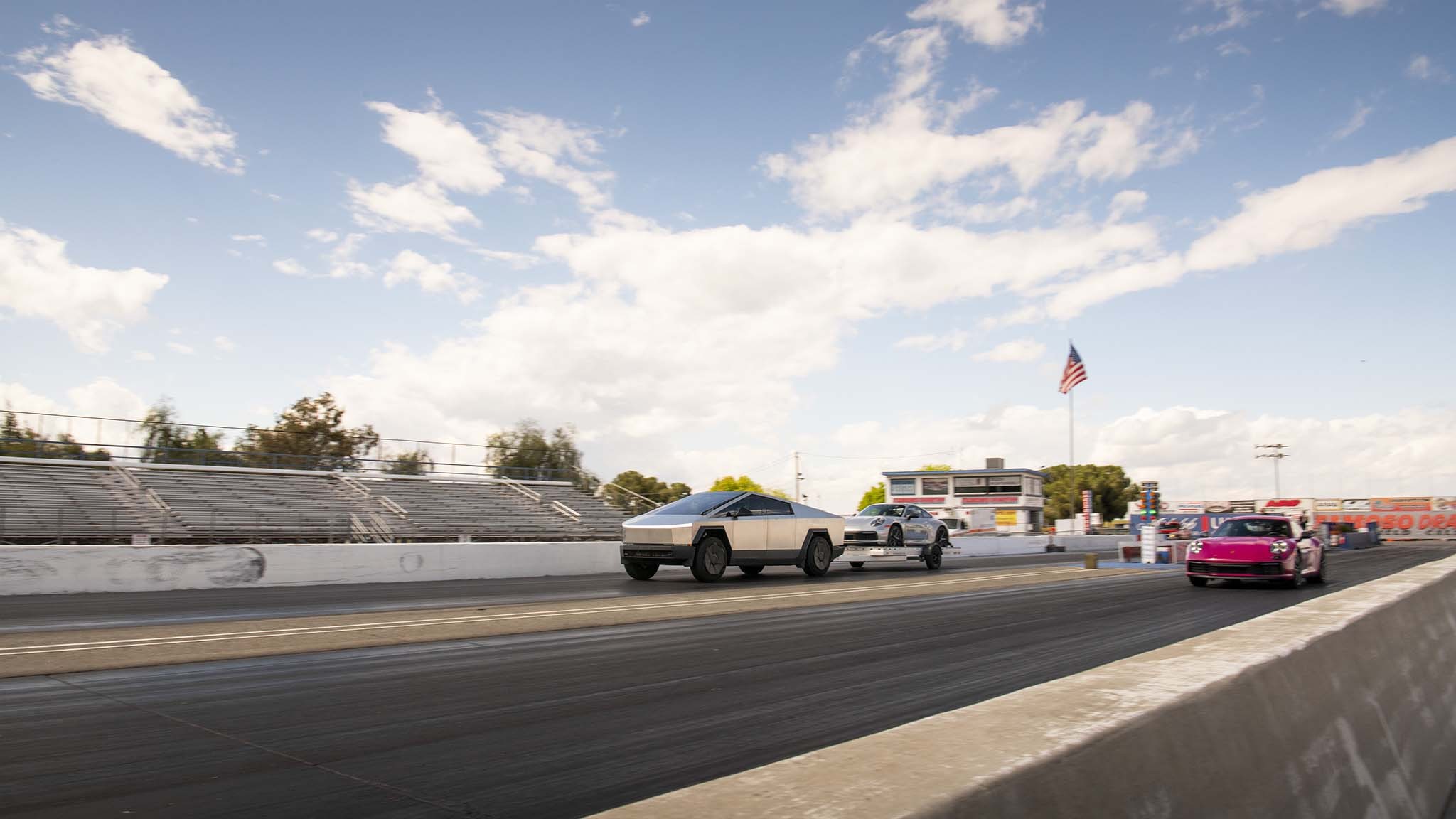 020 tesla cybertruck beast vs porsche 911 carrera t drag race towing rematch
