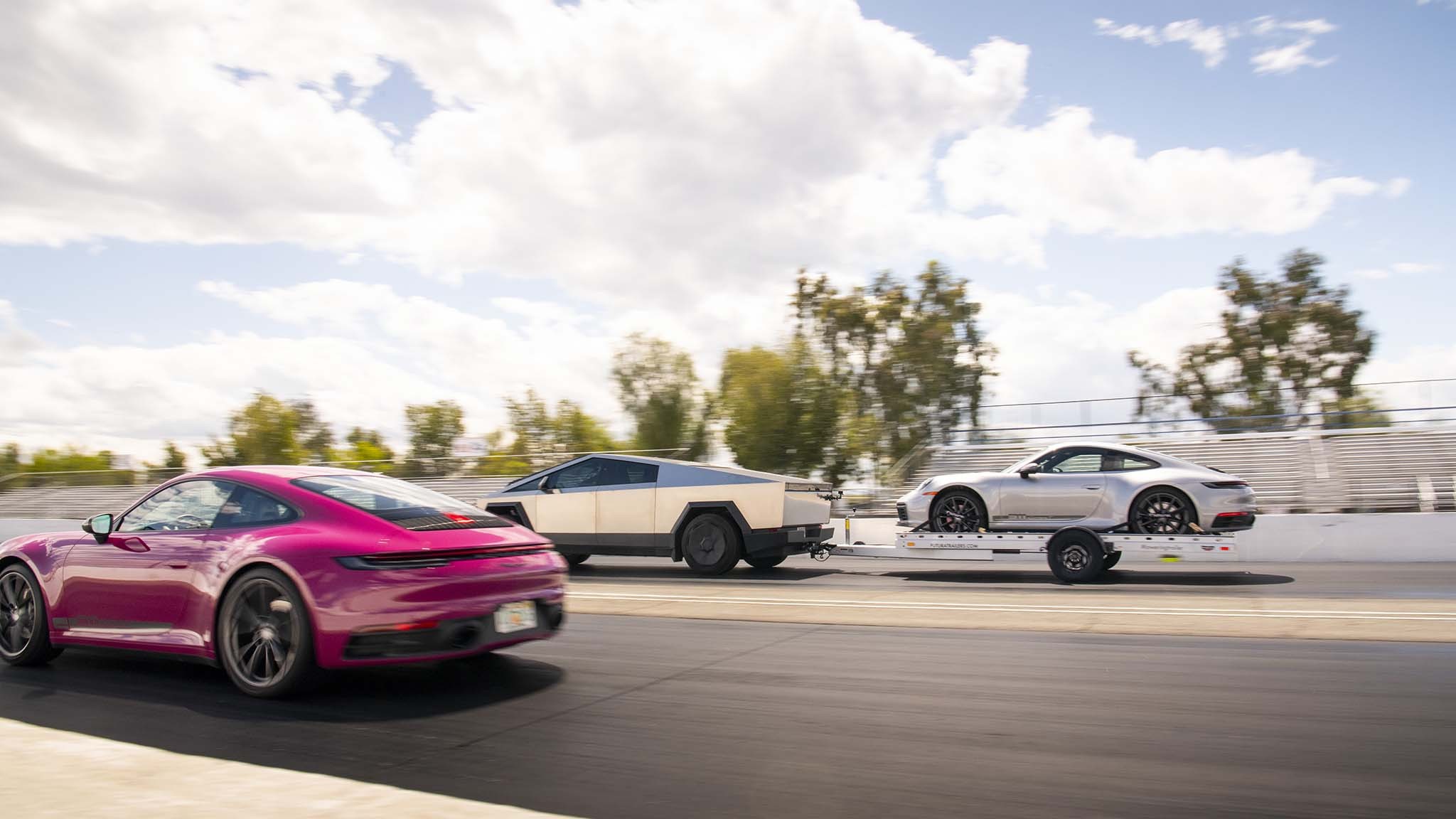 022 tesla cybertruck beast vs porsche 911 carrera t drag race towing rematch