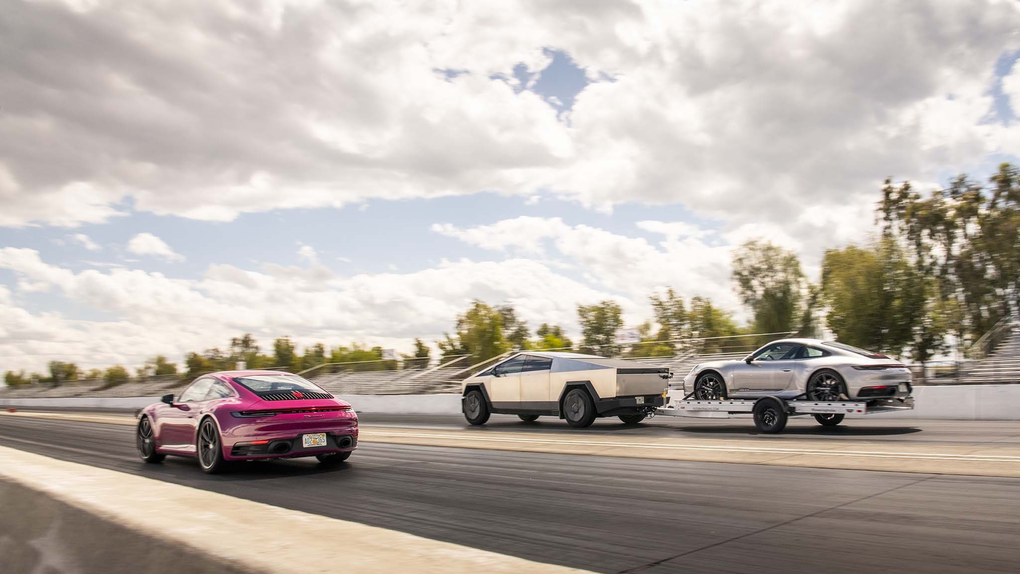 023 tesla cybertruck beast vs porsche 911 carrera t drag race towing rematch