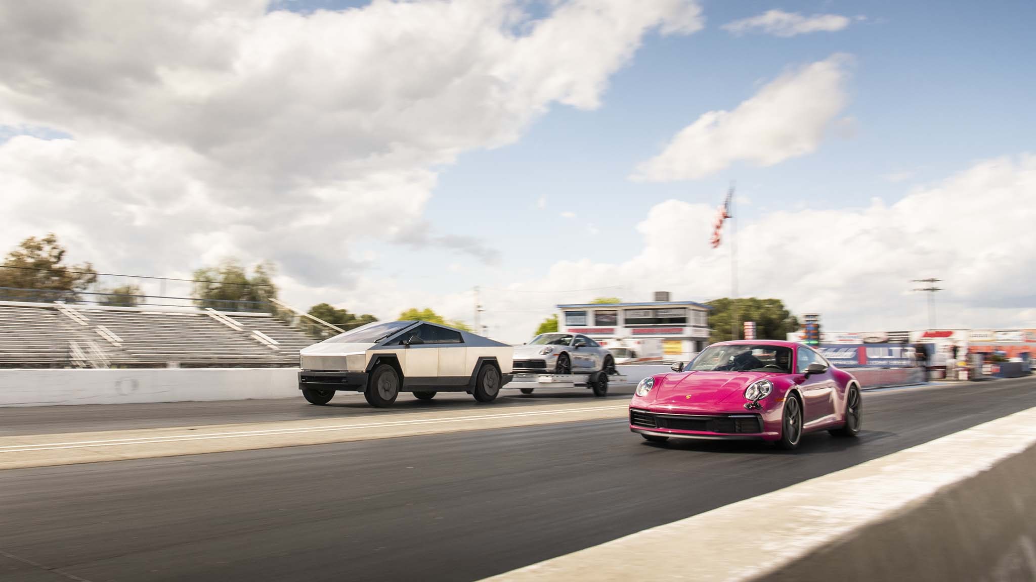 024 tesla cybertruck beast vs porsche 911 carrera t drag race towing rematch