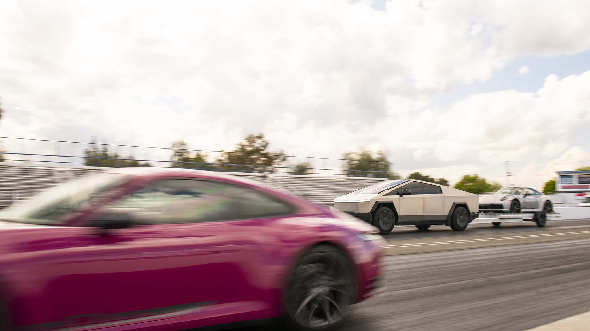 031 tesla cybertruck beast vs porsche 911 carrera t drag race towing rematch