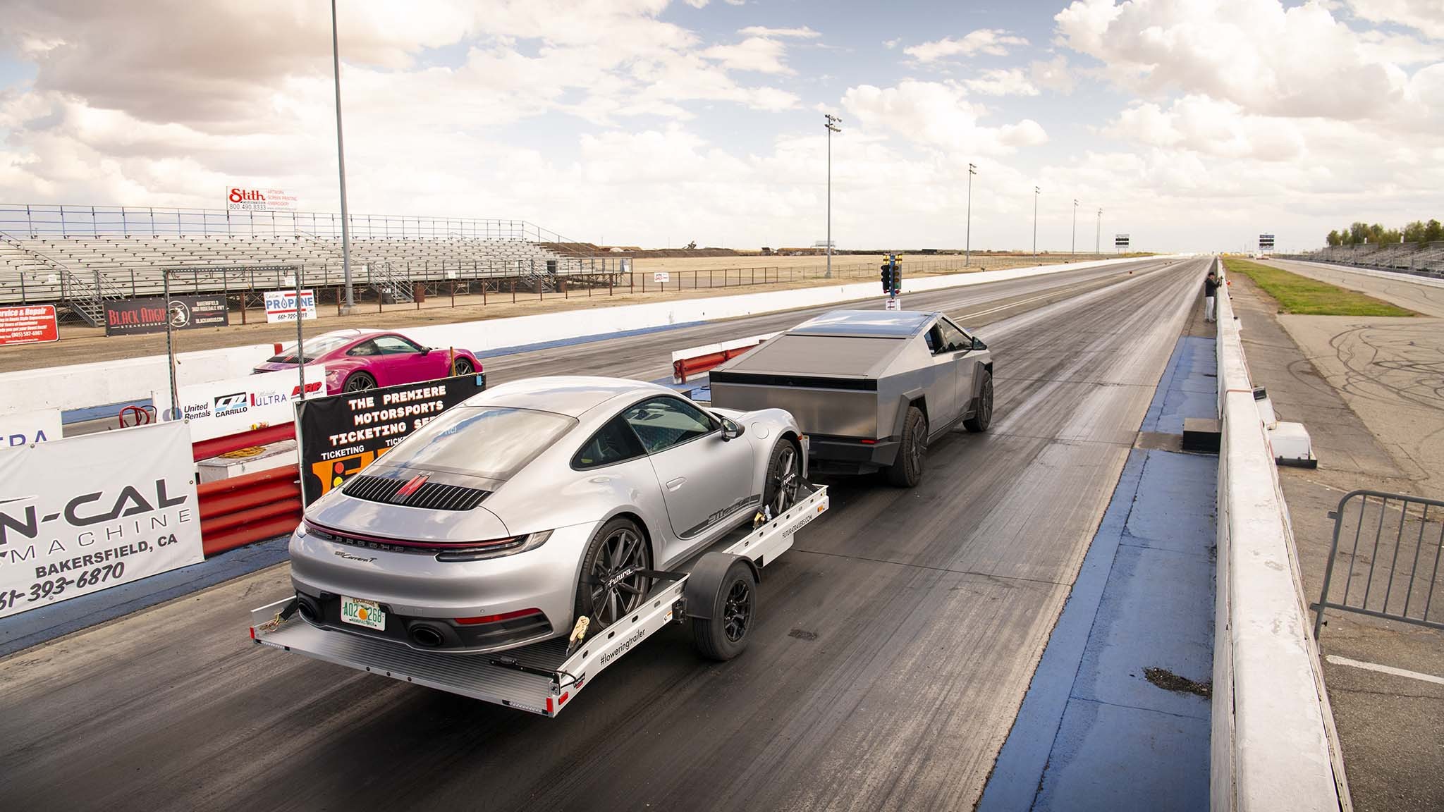 037 tesla cybertruck beast vs porsche 911 carrera t drag race towing rematch