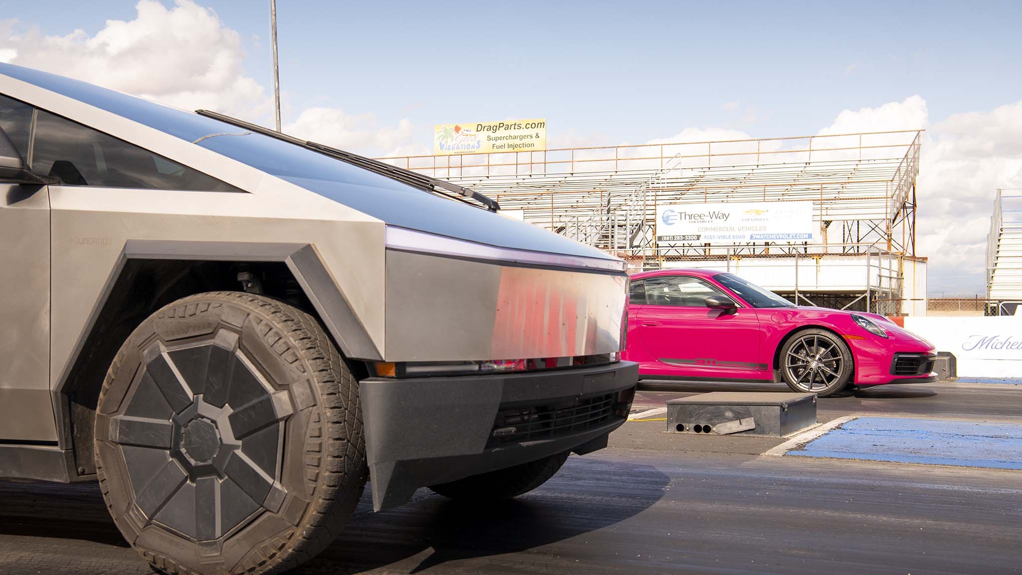 040 tesla cybertruck beast vs porsche 911 carrera t drag race towing rematch