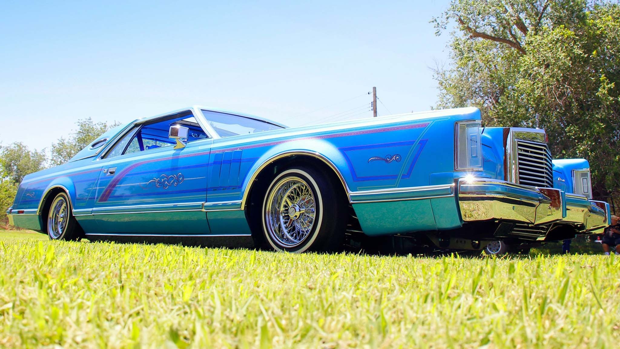 014 old school cars 1978 lincoln continental lowrider blue front three quarter