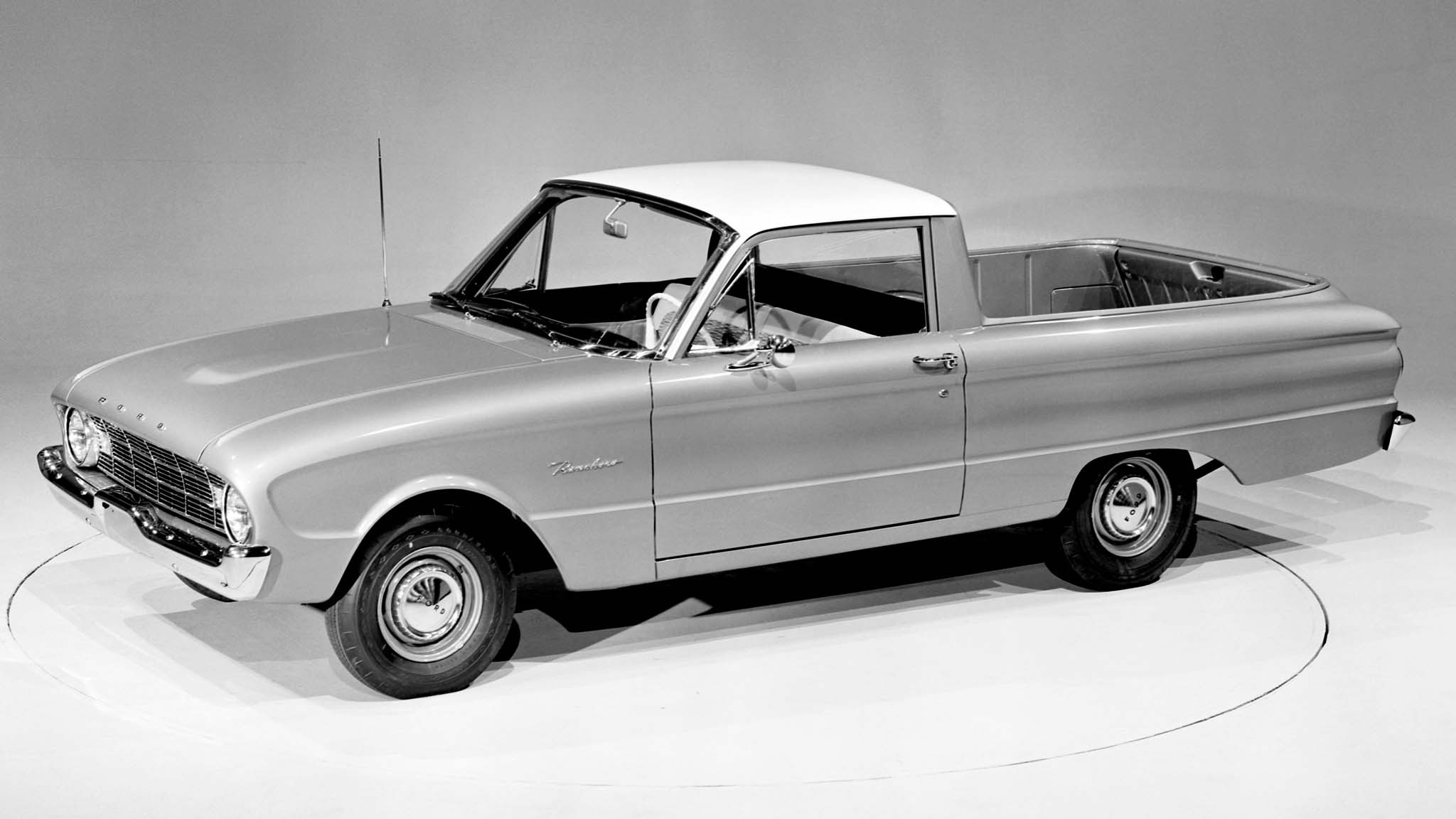 026 1960 ford falcon ranchero front three quarter black and white