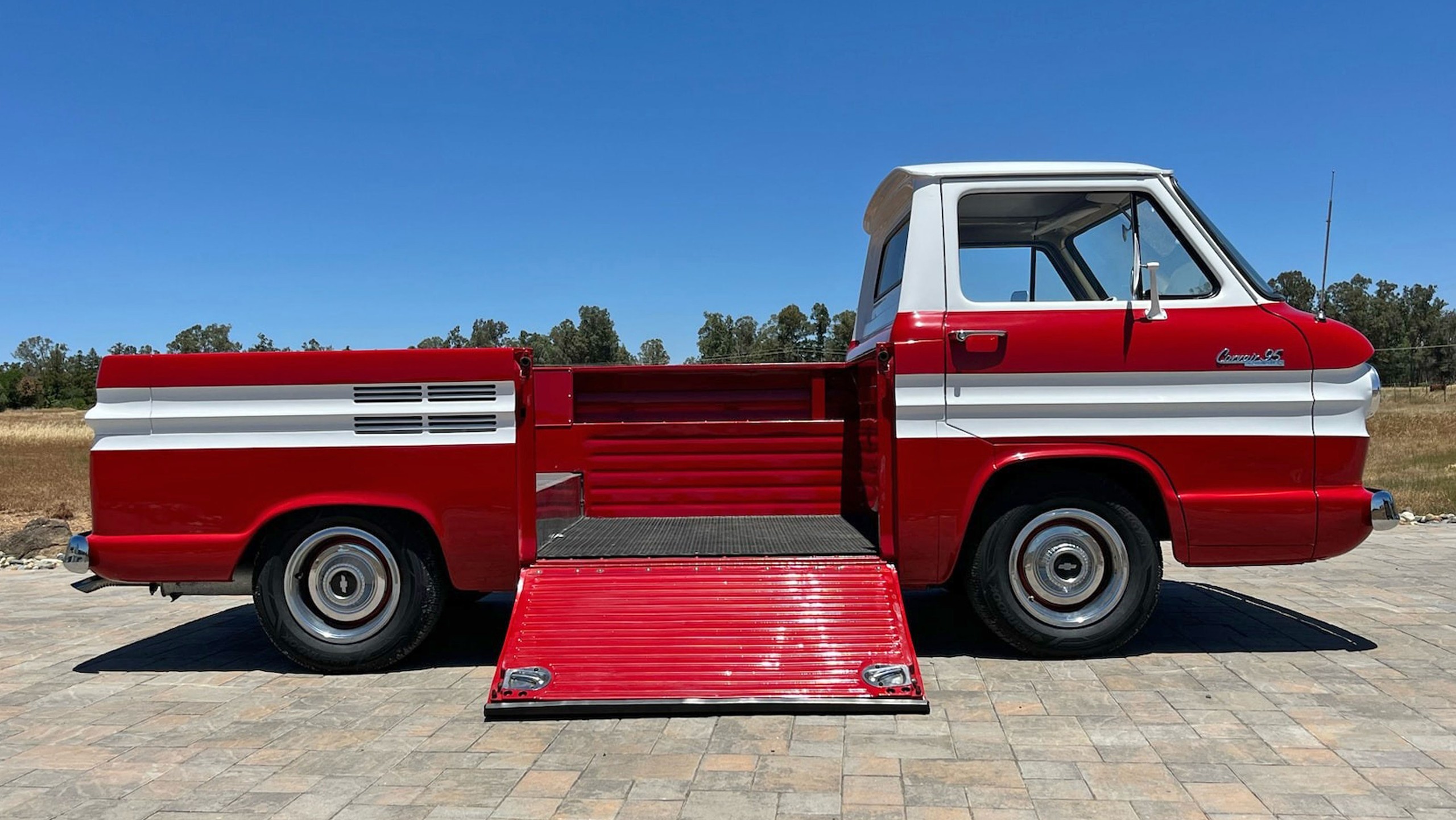 001 ugly truck 1963 chevy corvair rampside red side view