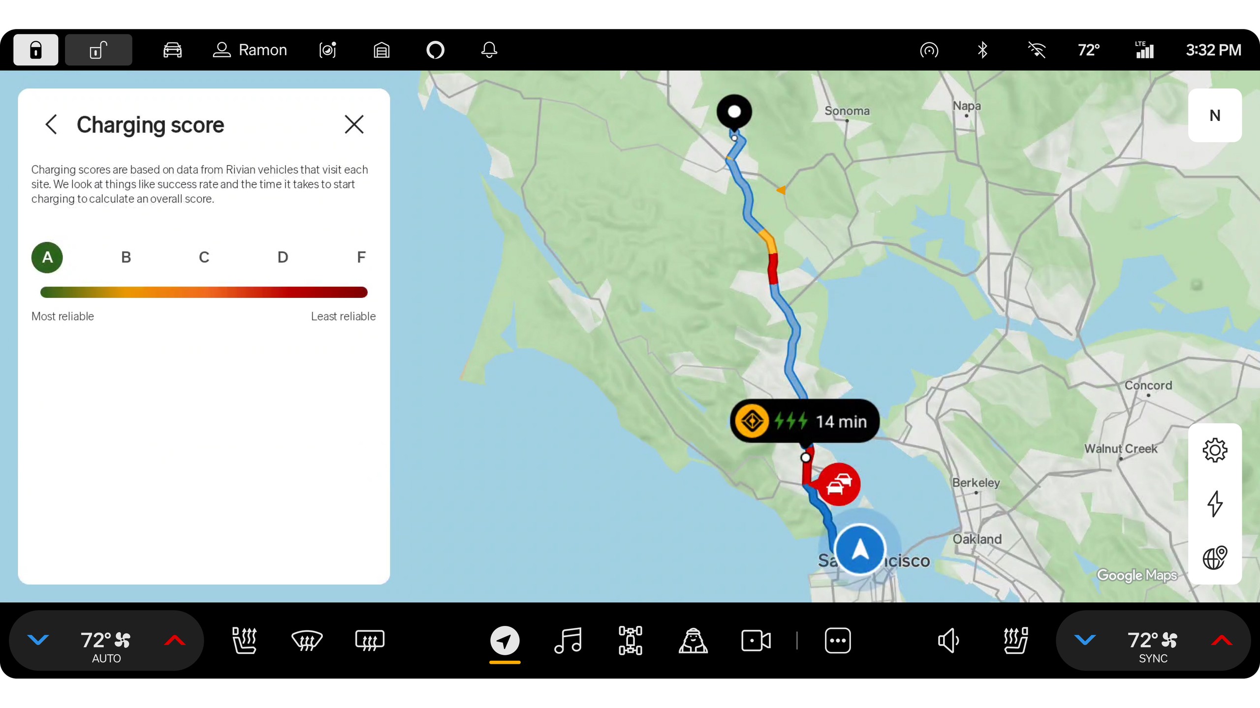 Charging Scores Screen Rivian Nav with Google Maps 