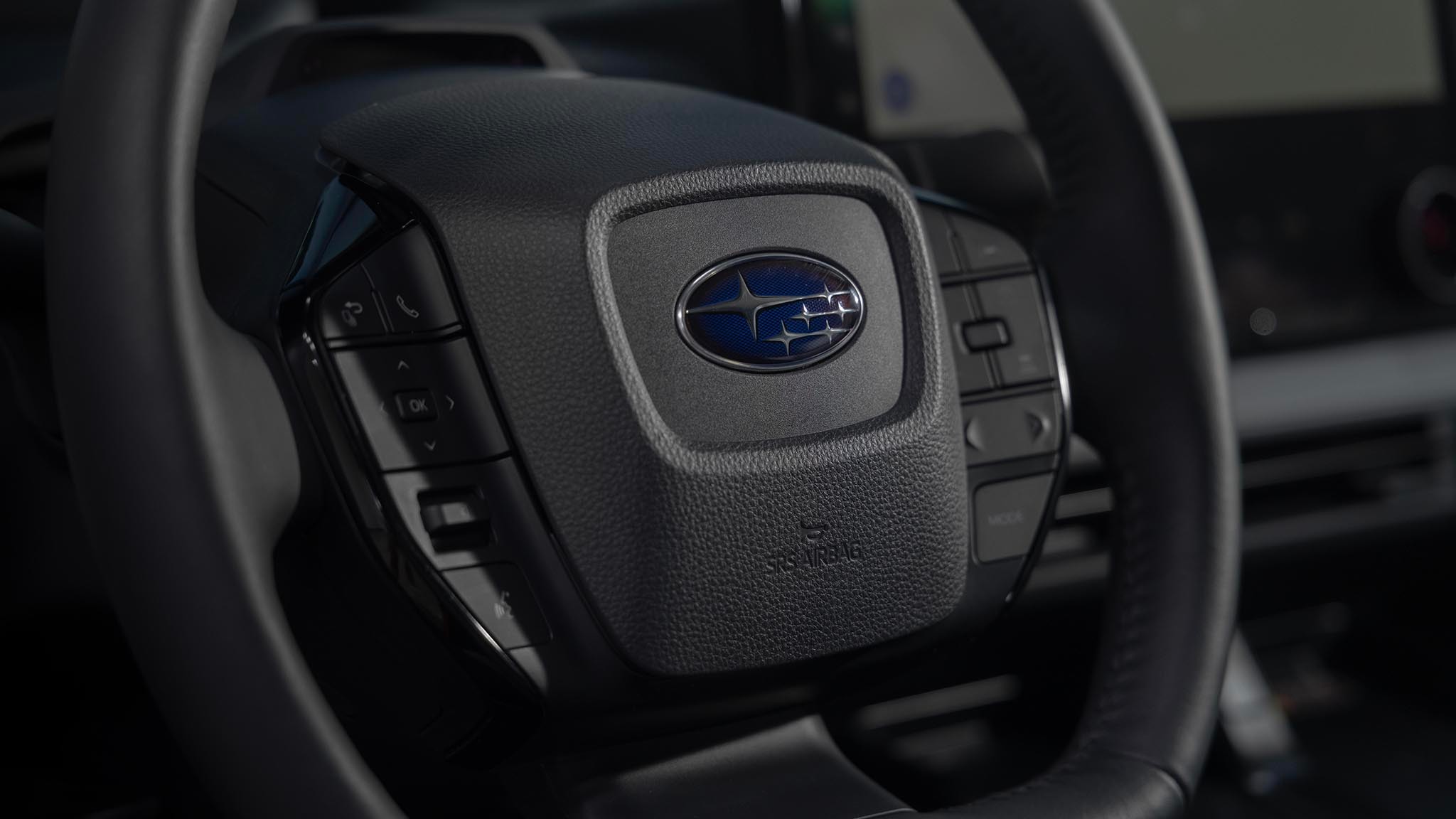 2025 Subaru Uncharted close up of steering wheel hub and buttons