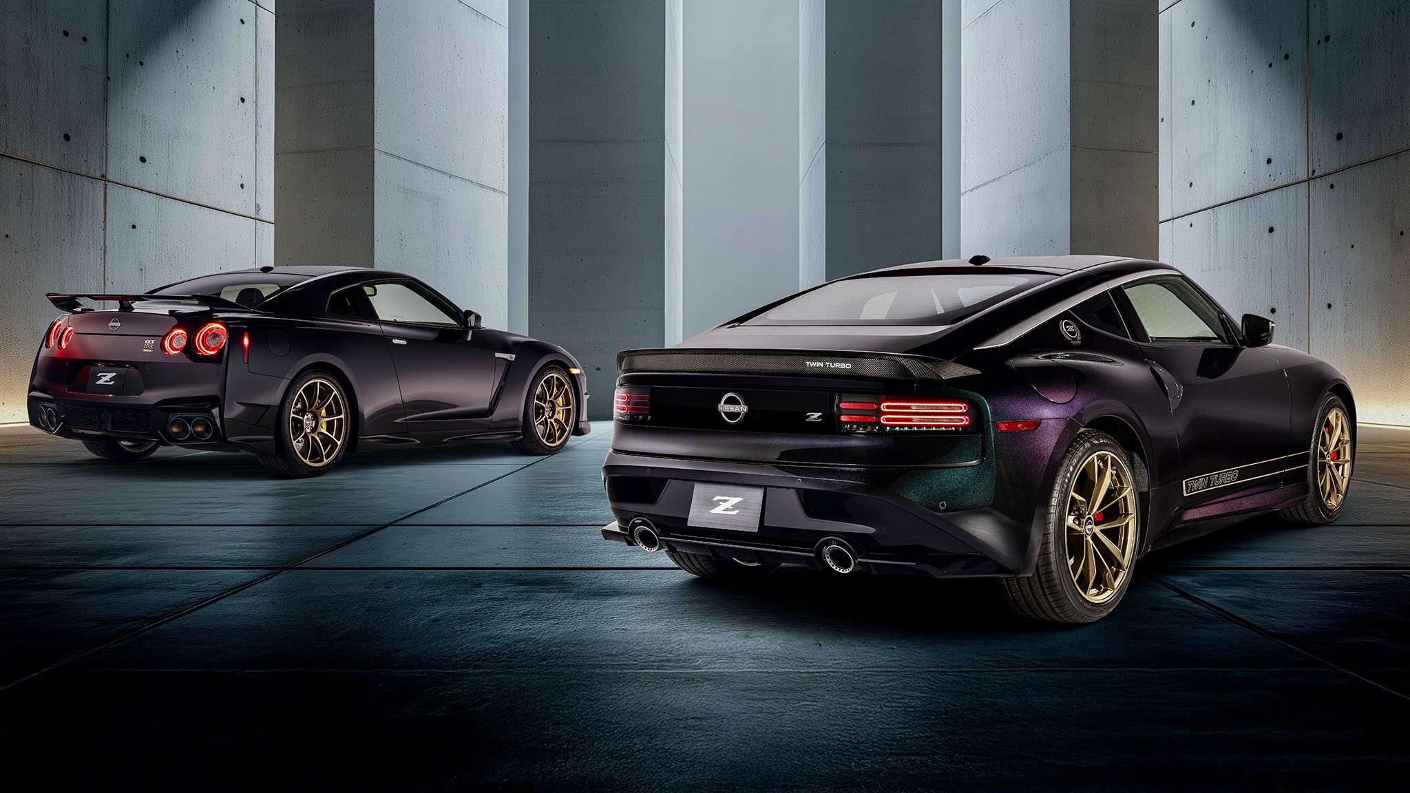 2026 Nissan Z Heritage Edition With Nissan GT R in Midnight Purple Rear 3 4