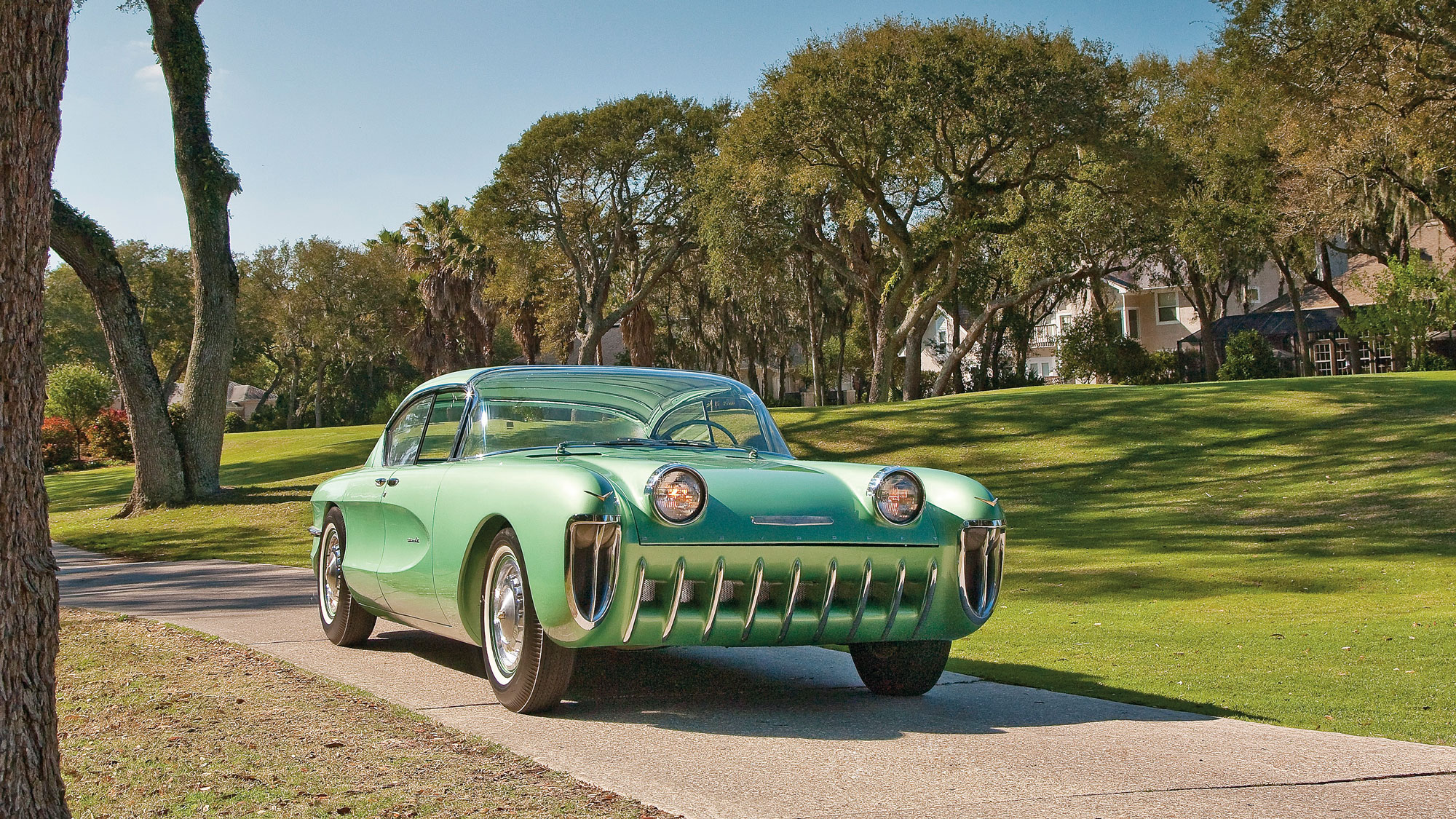 020 1955 chevy biscayne concept car green front three quarter junkyard restoration